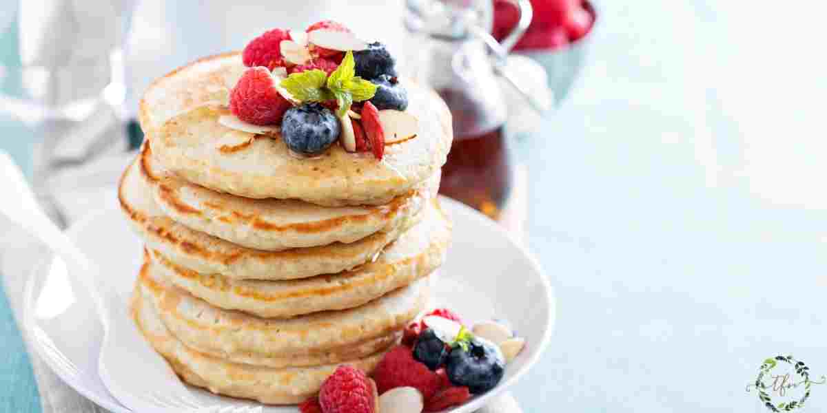 A plate of stacked pancakes