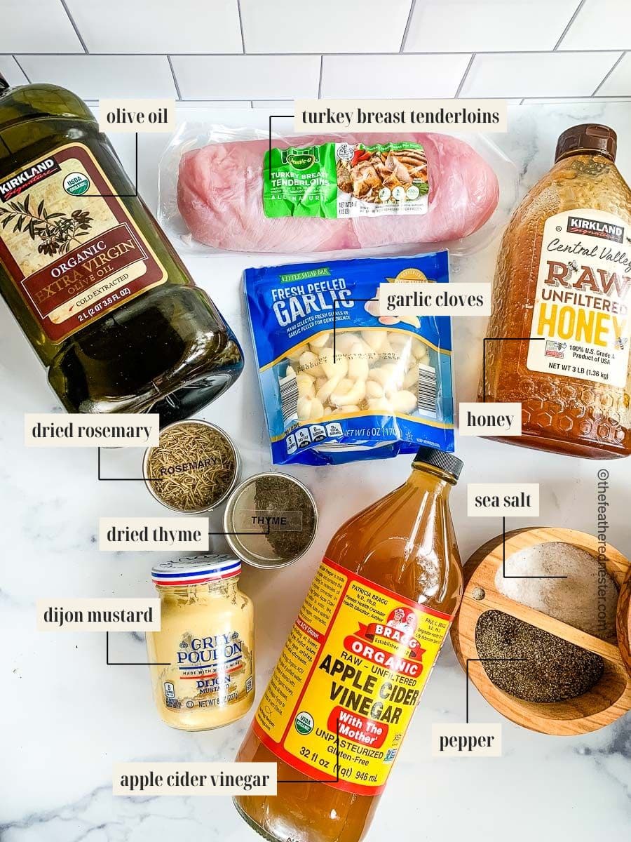 Ingredients to make a baked turkey tenderloin, sitting on a counter top.