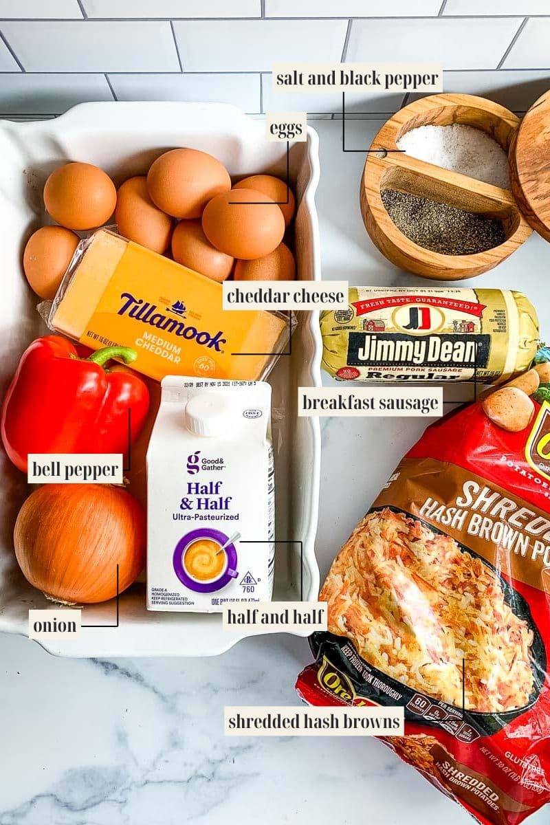 Labeled ingredient image for Sausage Hash Brown Breakfast Casserole recipe.