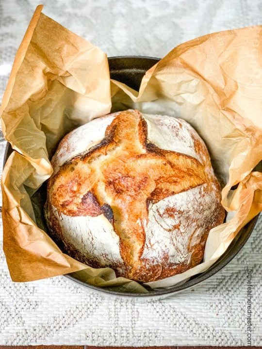 dutch oven baked sourdough bread.