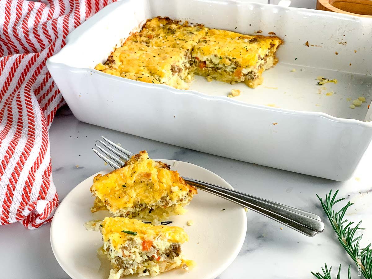 a casserole dish of breakfast casserole.