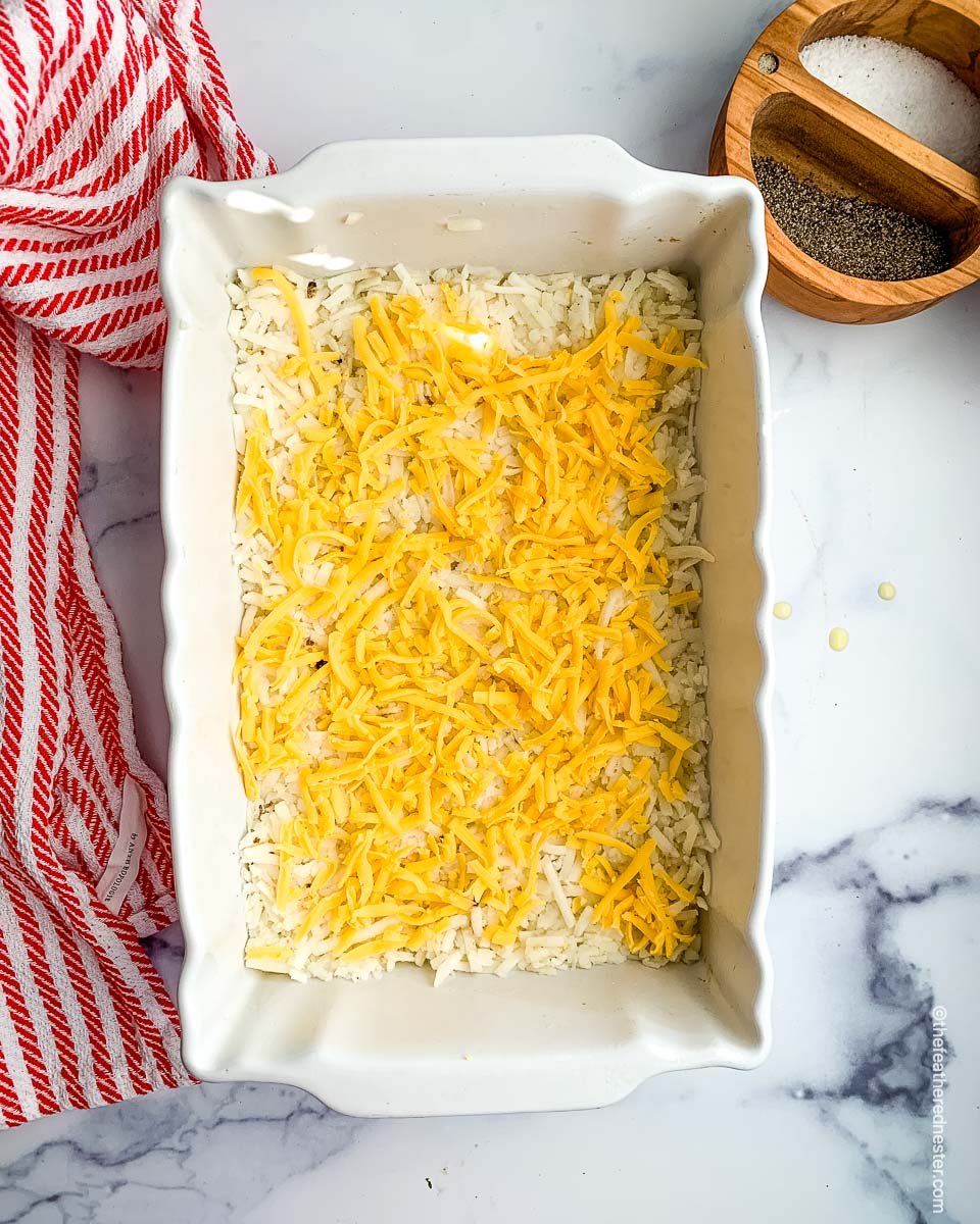 a casserole dish of breakfast casserole ready to bake.