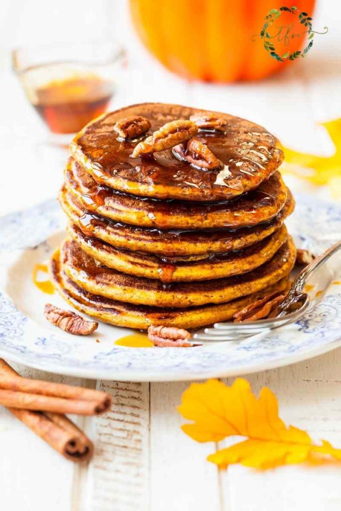 a stack of Bisquick pumpkin pancakes.