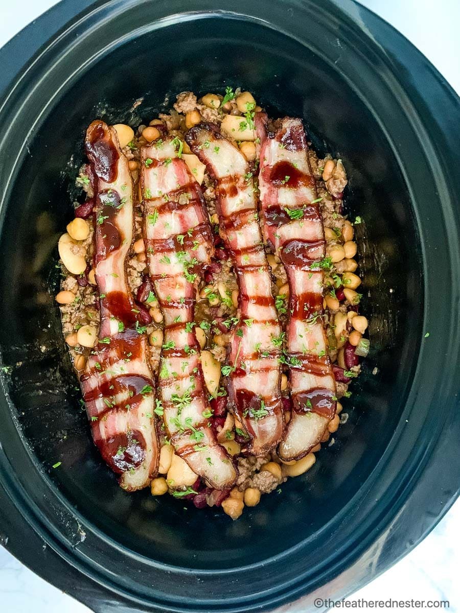 Calico beans in the crock pot.