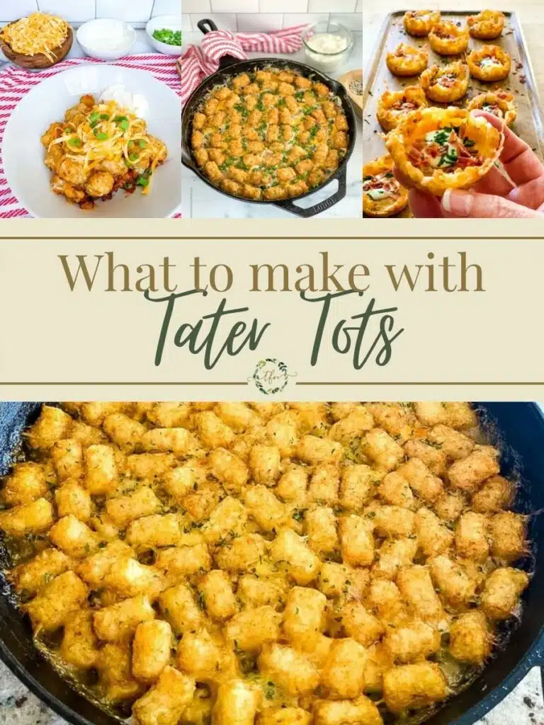 photo collage of frozen tater tot recipes with a text "What to make with Tater Tots" written at the center.
