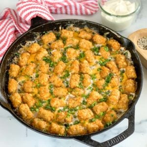 Hamburger hotdish casserole with green beans and tater tots.