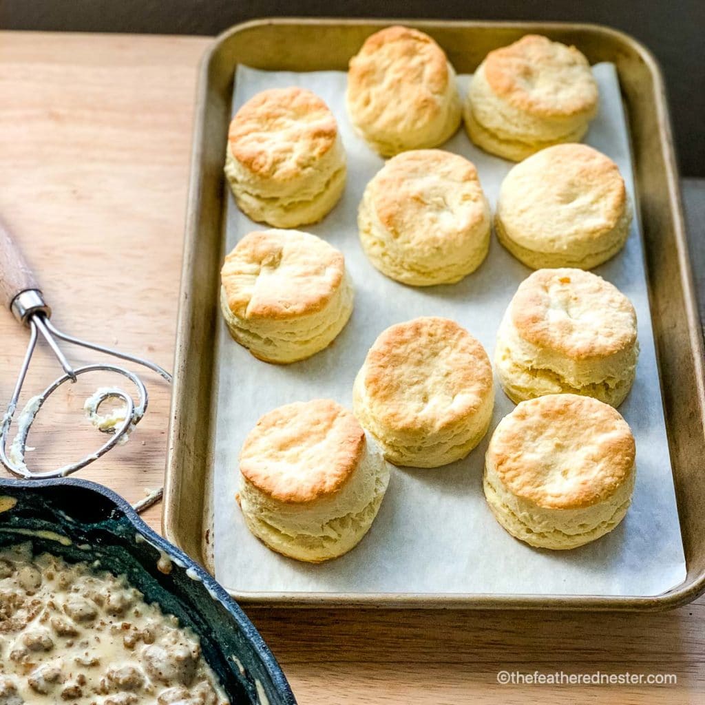 a baking sheet of fluffy buttermilk biscuits ready to serve