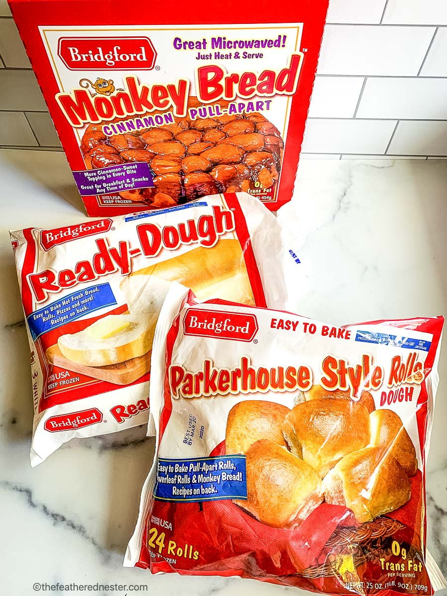 Packages of Bridgford frozen parker house rolls, Ready-Dough, and monkey bread.