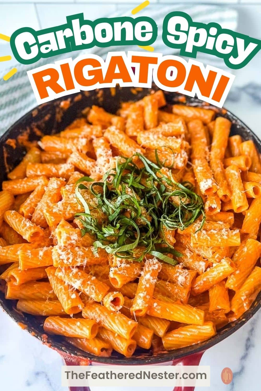 a graphic image of Spicy Rigatoni Vodka Pasta.