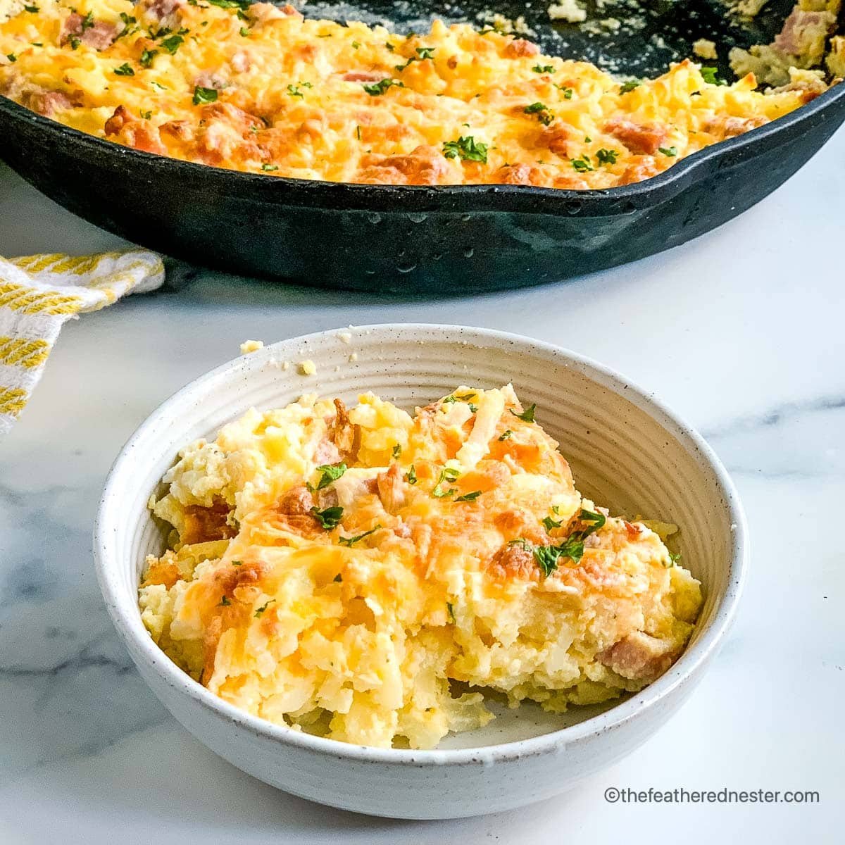 breakfast casserole in the bowl and ready to serve.