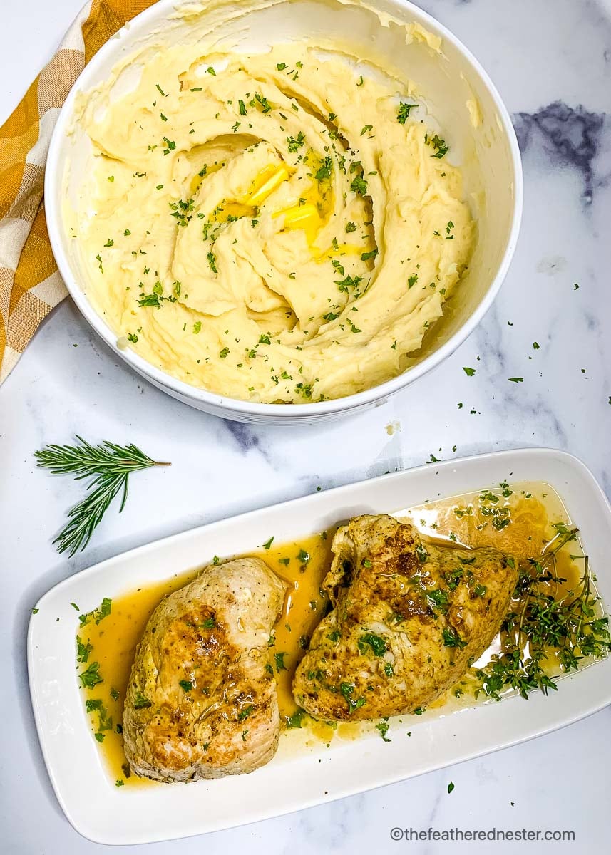 Garlic mashed potatoes and turkey tenderloins.