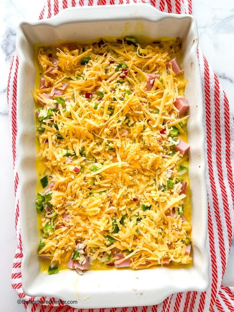 ham egg and cheese casserole, ready for baking.