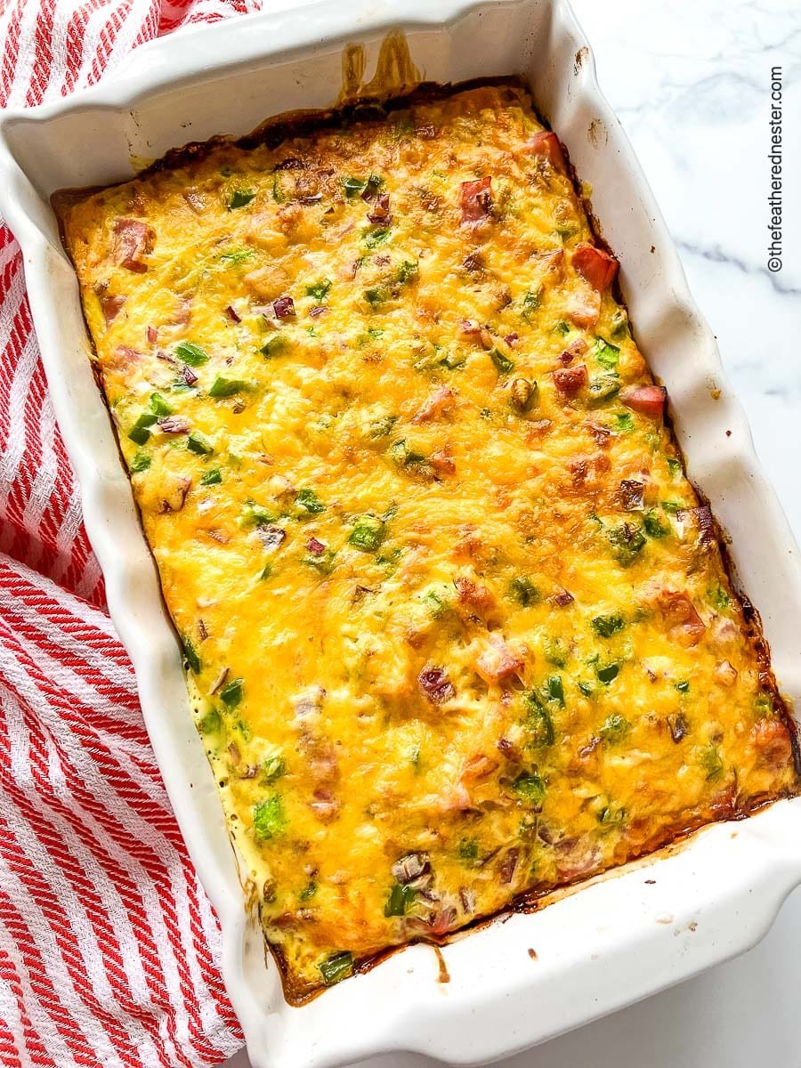 A baked breakfast casserole with potatoes.
