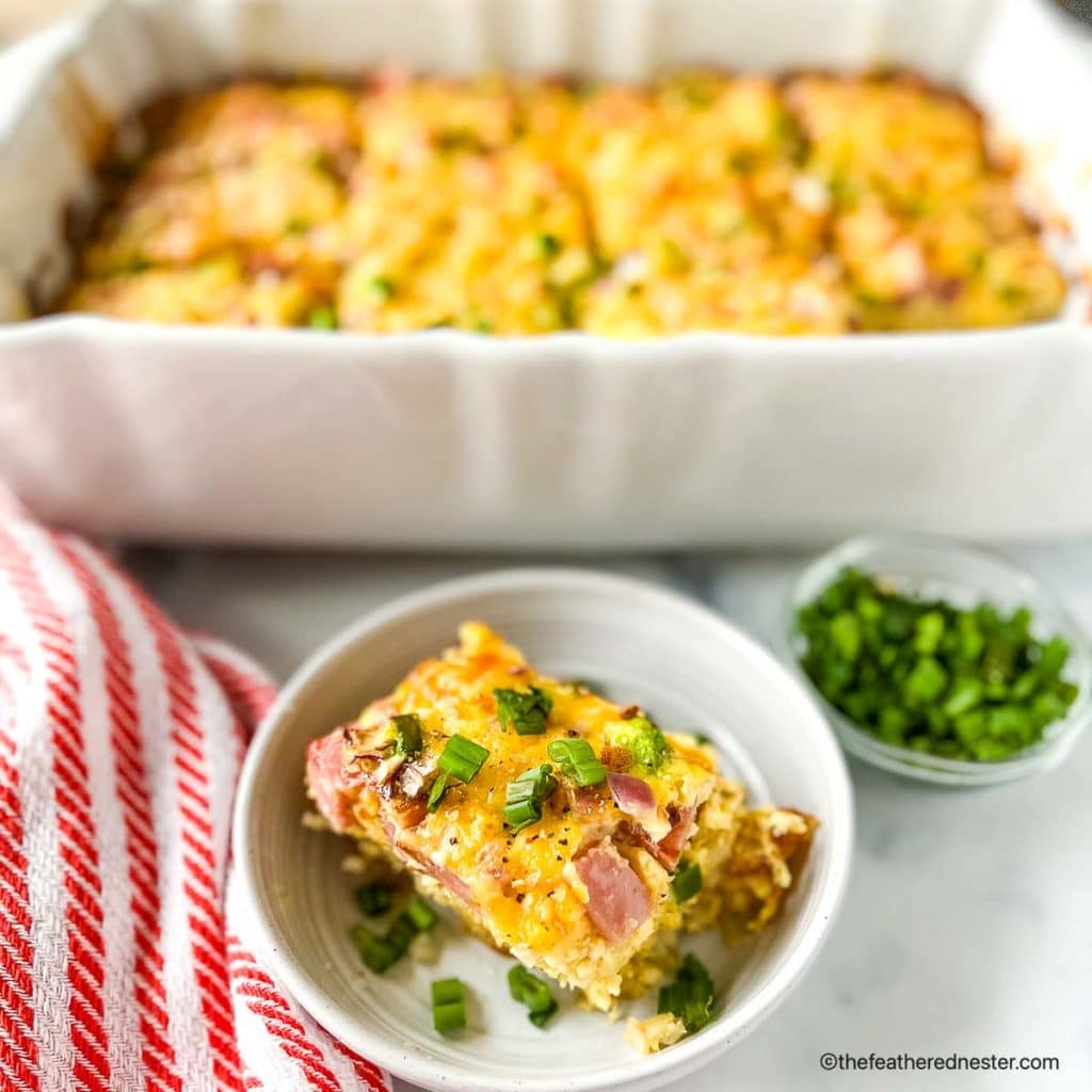 Eggs for breakfast, on a plate and in a baking dish.