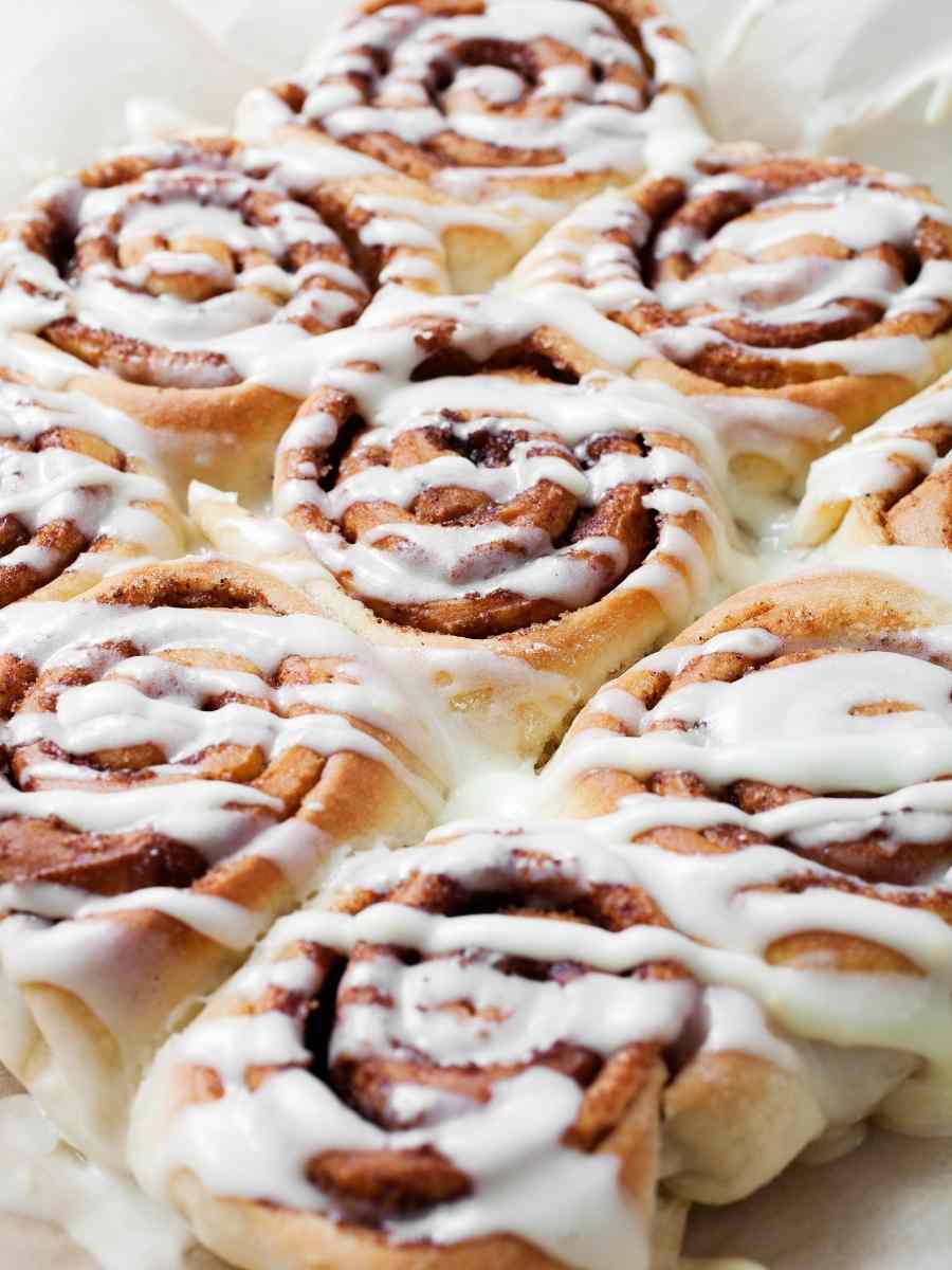 baked cinnamon rolls made with frozen bread dough ready to serve.