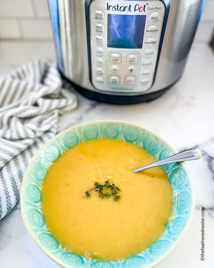 a teal colored bowl of soup with the Instant Pot in the background