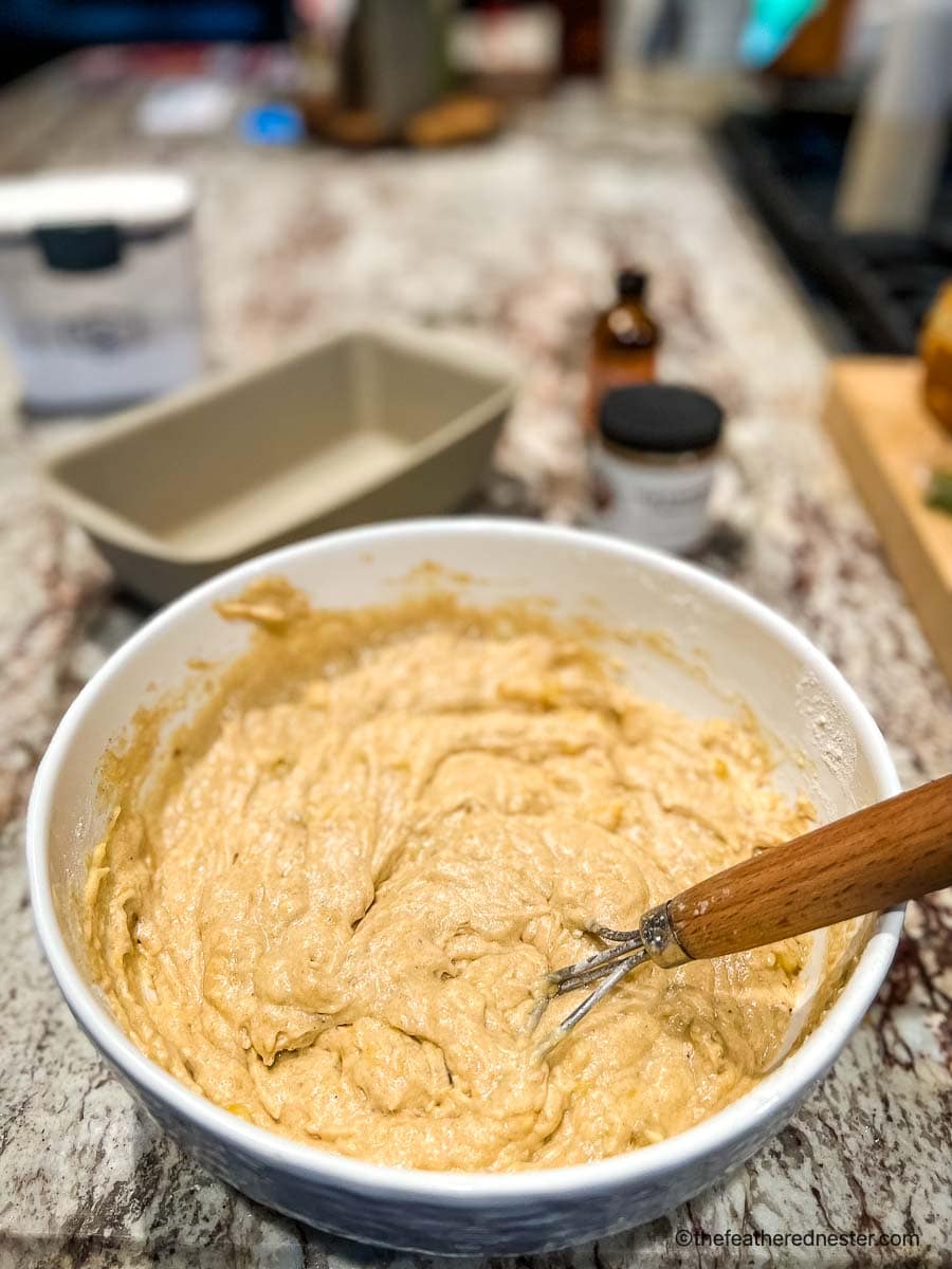 Sourdough banana bread mixture in a large mixing bowl.