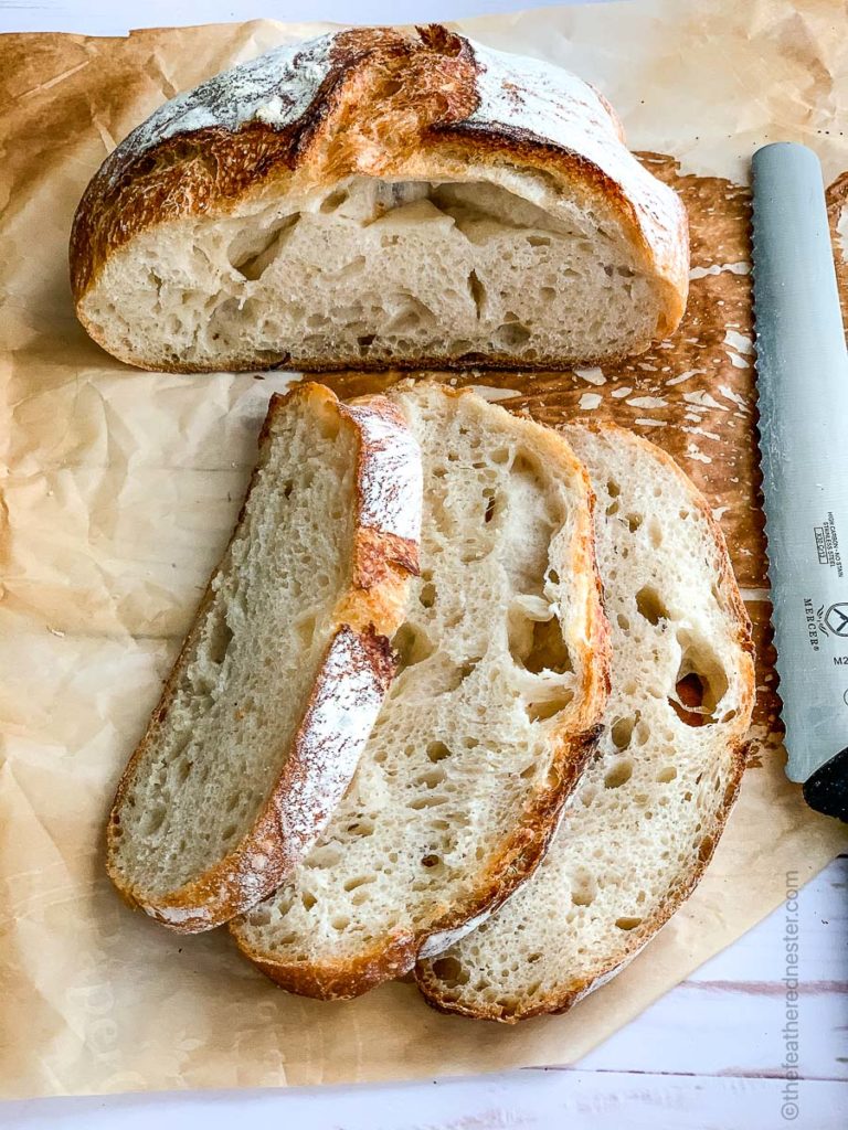 a loaf of roasted garlic sourdough bread cut