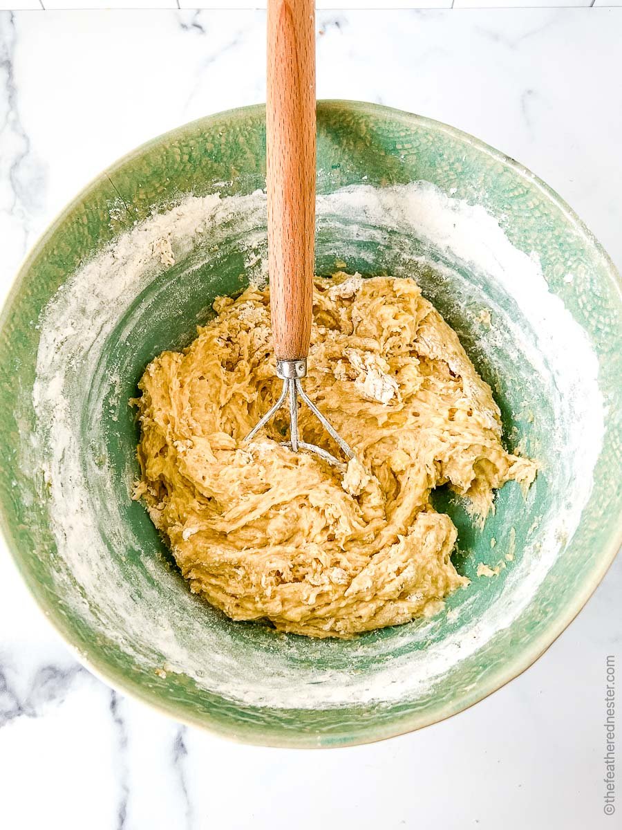 Banana muffin batter mixed up and ready to add to muffin pan.