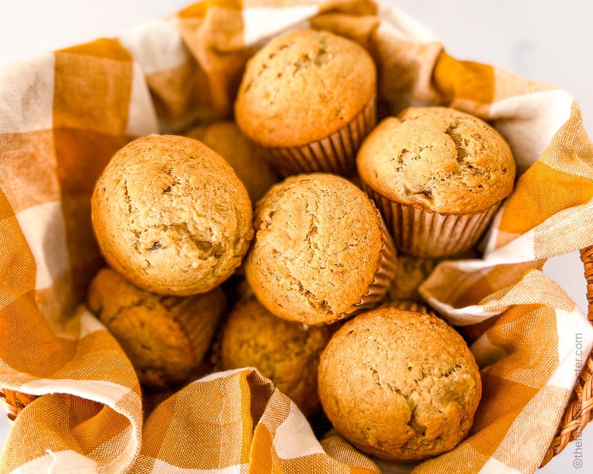 a basket of banana muffins made with Bisquick.