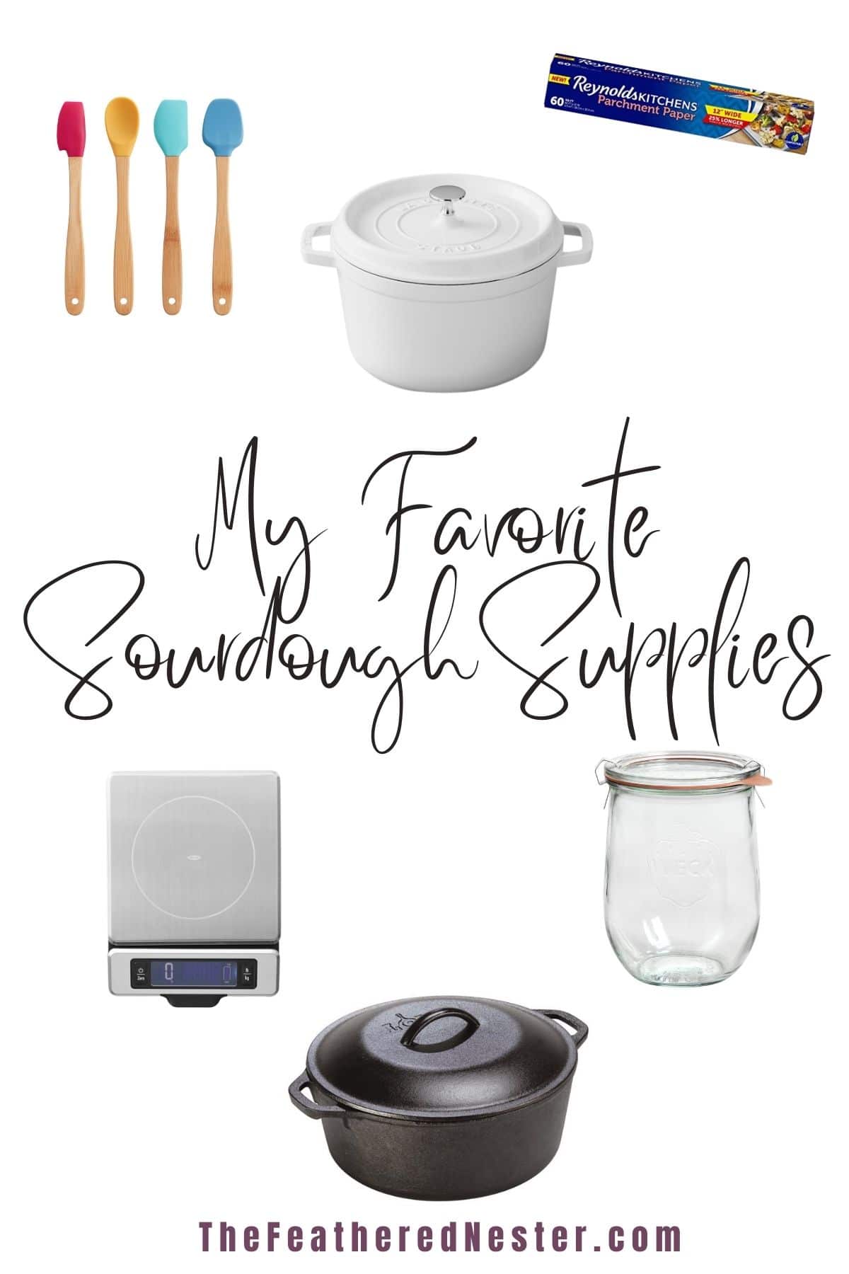 a collage of my favorite sourdough supplies.