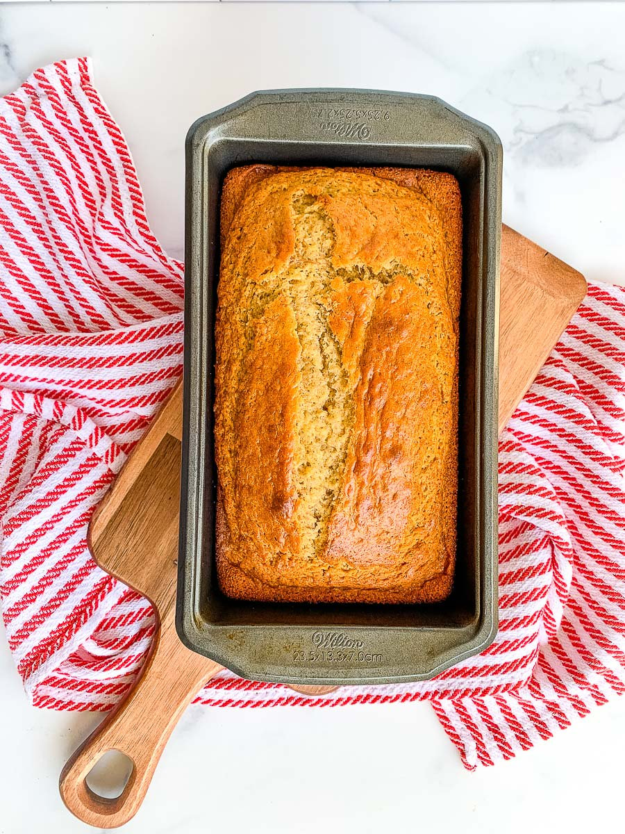 A loaf of banana bread using self rising flour freshly baked from the oven.