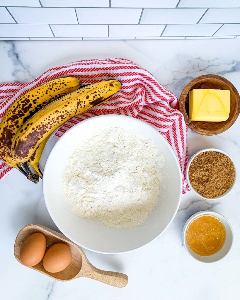 self rising flour, bananas, eggs, honey, brown sugar, butter, vanilla extract