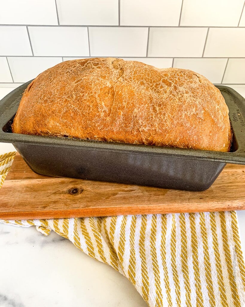 baked whole wheat sourdough bread in a bread pan on top of a wooden board.