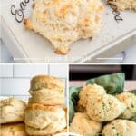 Three pictures of biscuits. 1st picture is a biscuit on a baking sheet. 2nd picture is a stack biscuits. And the last picture is also a stack biscuits on a bowl with green lining.