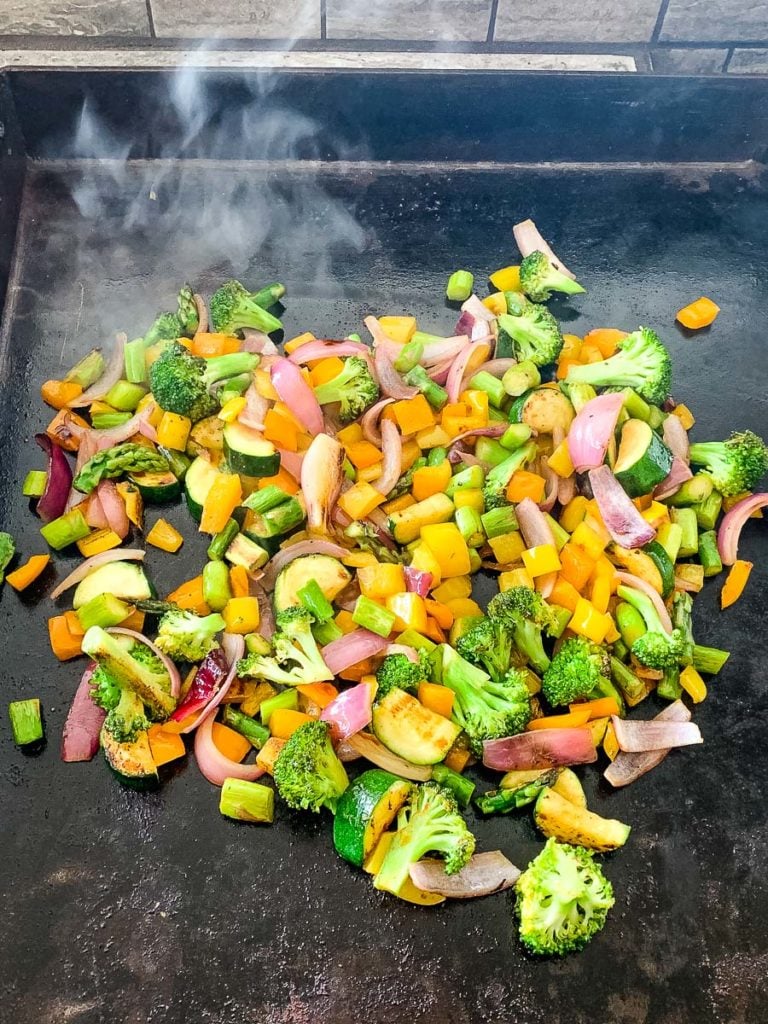 chopped veggies on the Blackstone grill