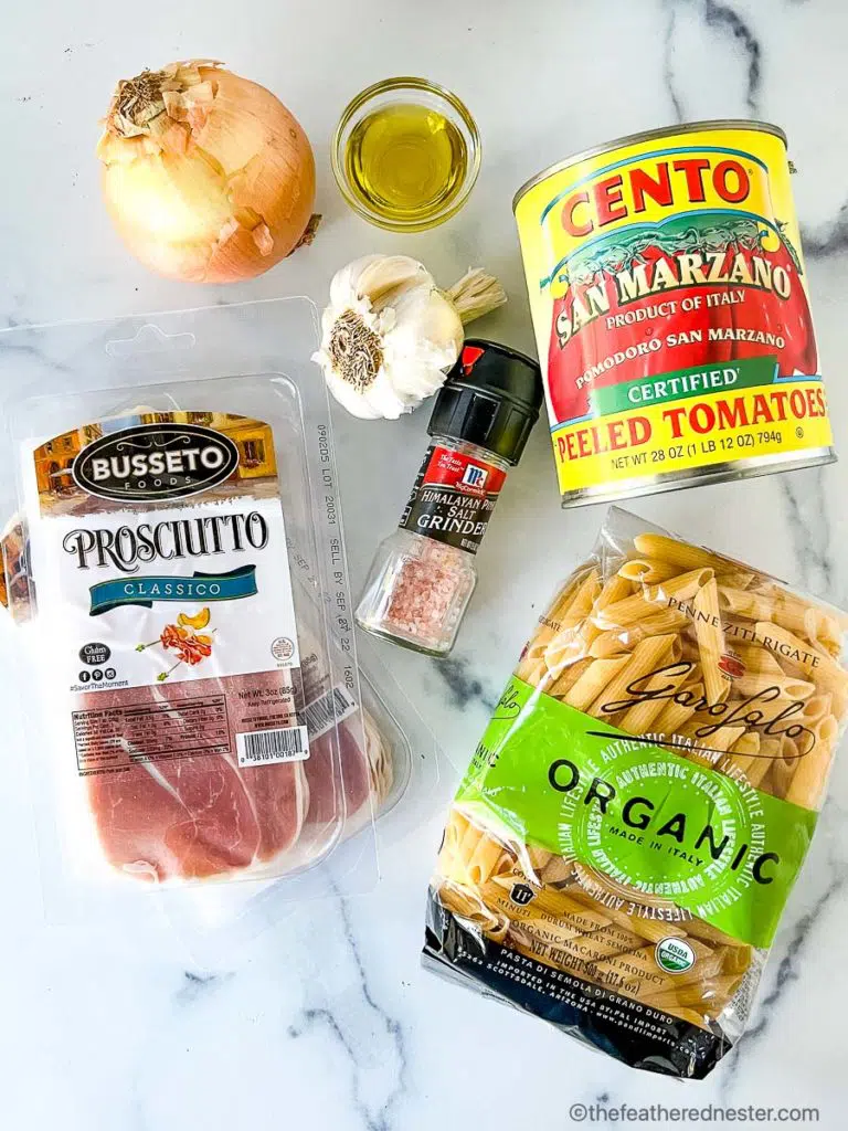 pasta, tomatoes, prosciutto ham, garlic, onion, olive oil, salt, spices
