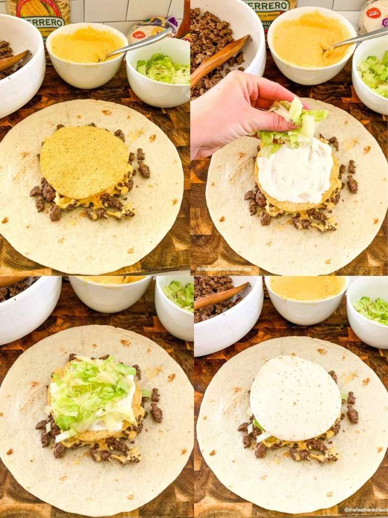 a photo collage showing how to make a crunchwrap. from left to right, first photo is a large tortilla with meat, cheese, and tostadas on top, next is putting sour cream and lettuce on top of tostadas, last is putting small tortilla on top of lettuce