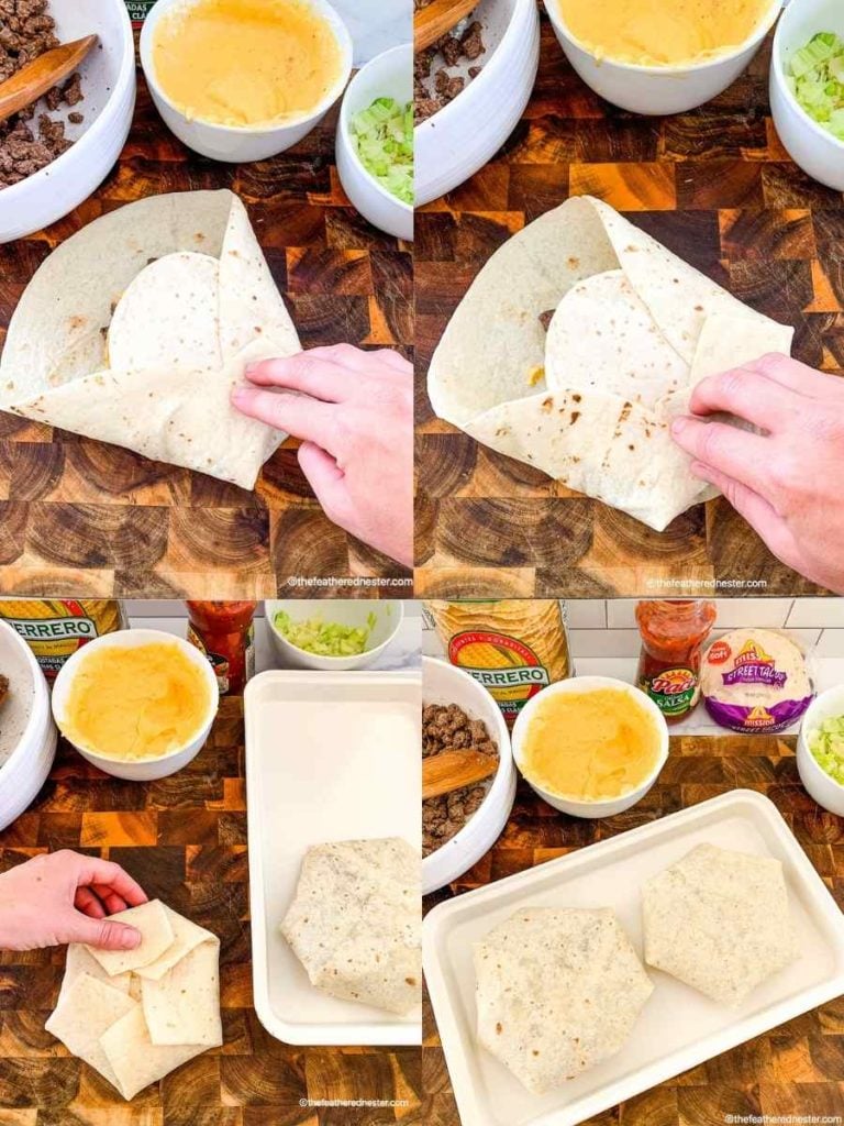 a photo collage of folding the tortilla for blackstone crunchwrap. first is folding, second is rolling, third is putting on serving tray, and last is two crunchwraps on a white serving tray with ingredients in the background