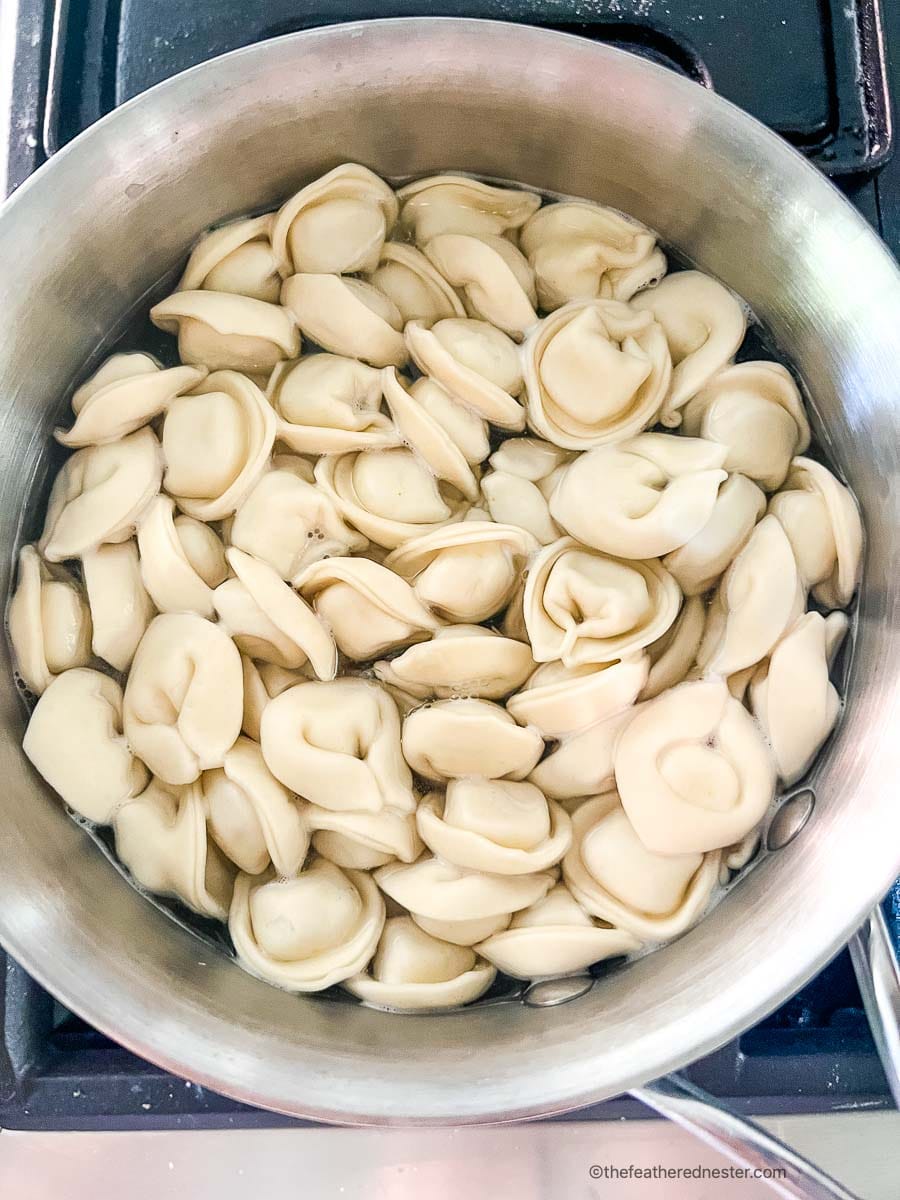 tortellini pasta cooking in a sauce pan