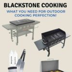 a collage of Blackstone griddle cooking tools accessories and equipment with two images of cooking foods on griddle
