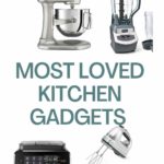 a collage of essential kitchen appliances from top: small blender, slow cooker, stand mixer, regular blender, coffee maker, hand mixer, and Instant pot