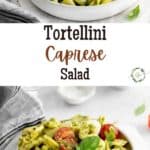 a white bowl of tortellini caprese salad with tomatoes and salt in the background