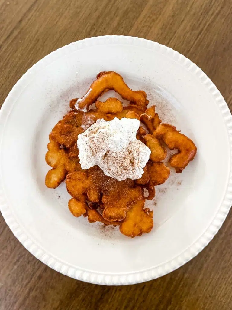 a white plate with homemade funnel cake with whipped cream and cinnamon powder on top.