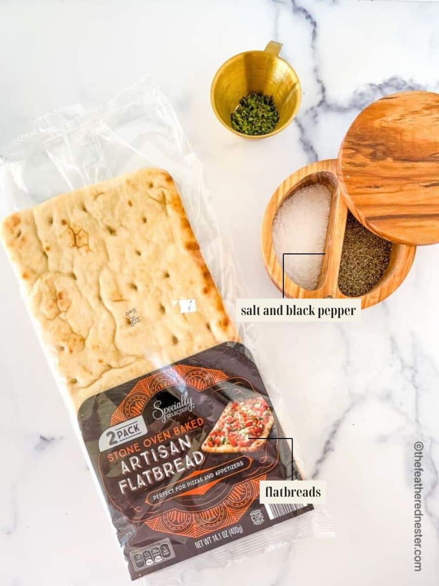 Labeled ingredient image for flatbread pizza margherita recipe.