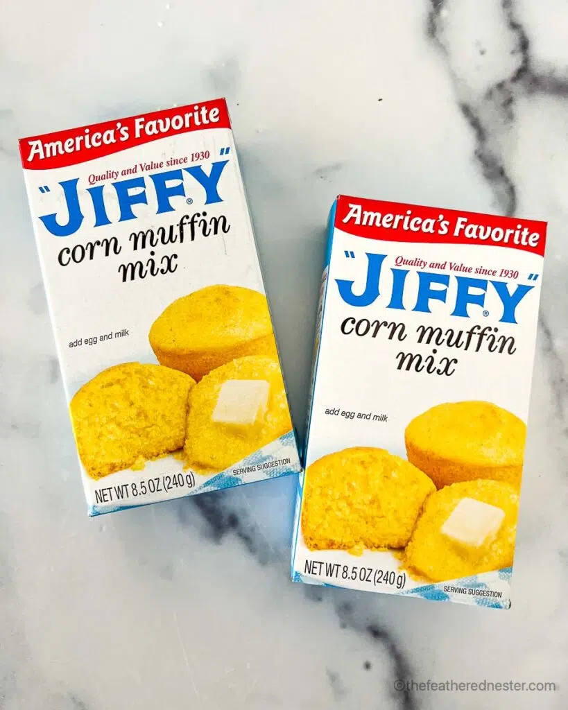 two boxes of Jiffy corn muffin mix.