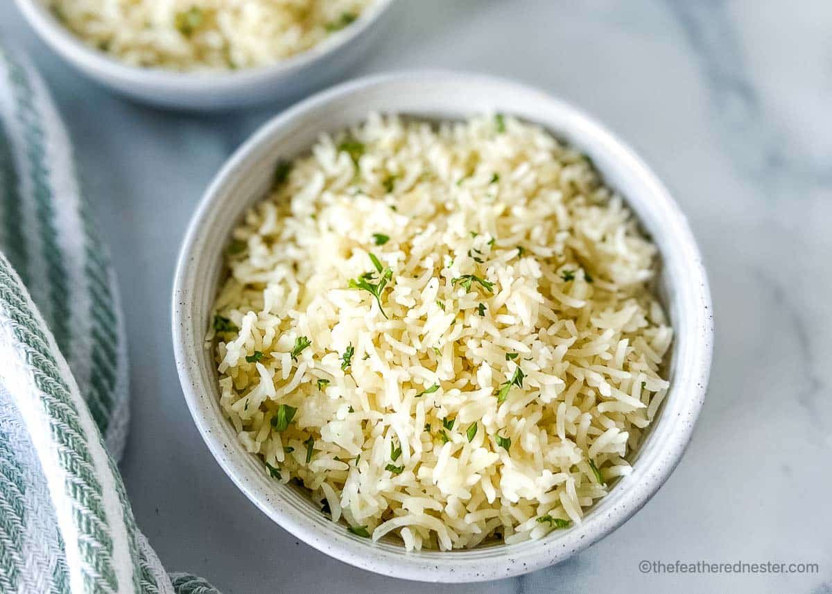 A white serving bowl with Instant Pot rice.
