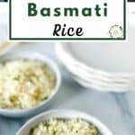 a graphic of Instant Pot Basmati Rice with a text in the middle saying "Instant Pot Basmati Rice".