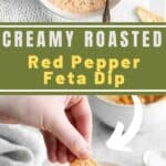 red pepper feta dip on a white bowl with a hand dipping a pita cracker on it.