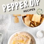 a graphic showing a bowl red pepper feta dip with a spoon and another bowl in the background