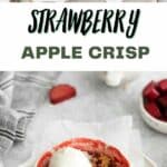 apple strawberry crisp. the one on top is place on a casserole dish, then the bottom is on a white ramekin with a spoon at the side.