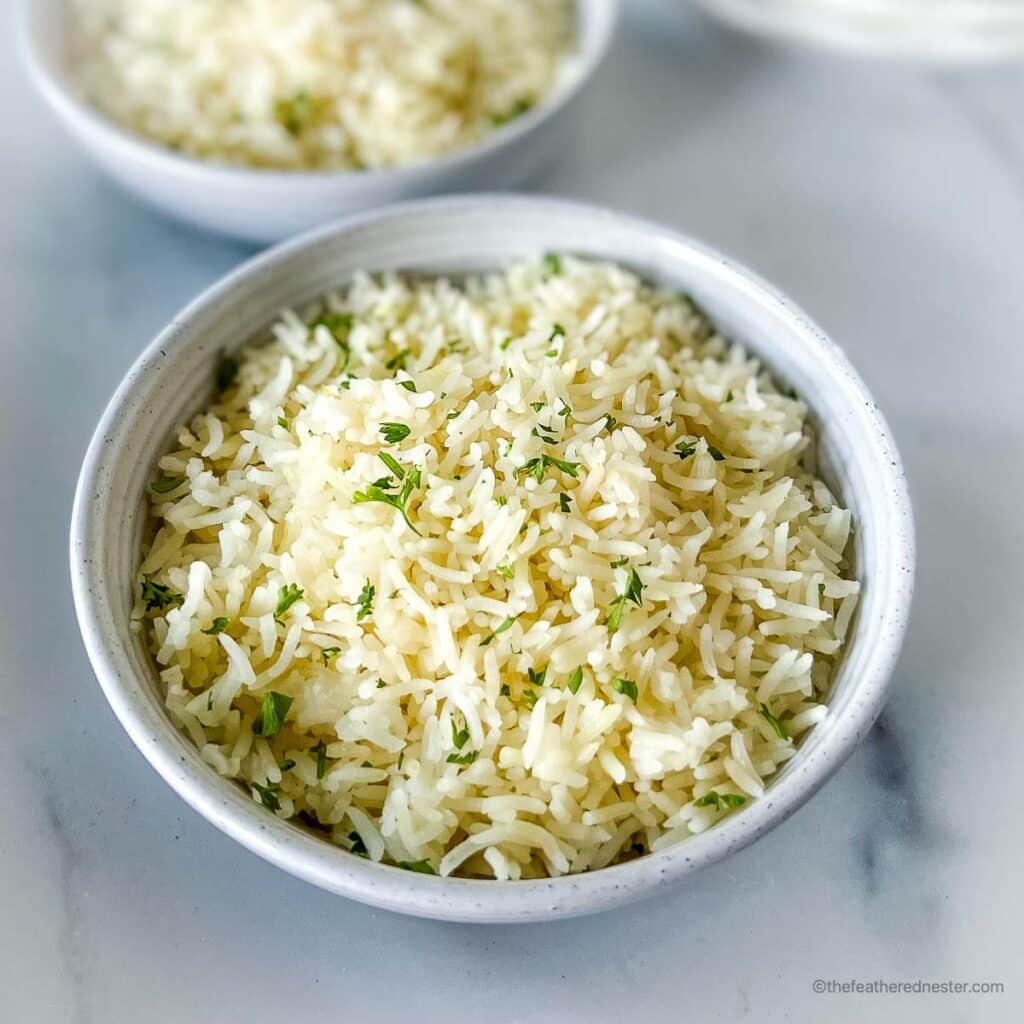 a white bowl of rice.