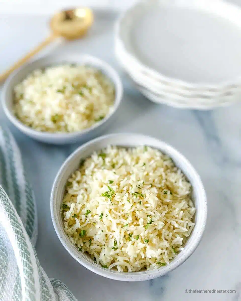 a white bowl of Instant Pot Coconut Rice and a striped cloth, another bowl of rice, golden serving spoon, and a stack of plates in the the background.