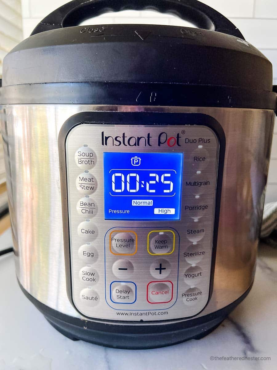 An electric pressure cooker set for 25 minutes.