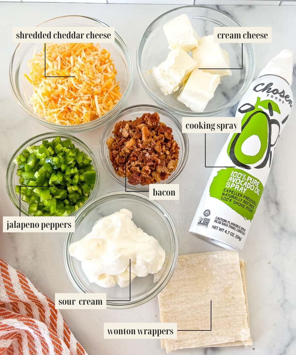 Labeled ingredient image for jalapeno popper wonton cup recipe.