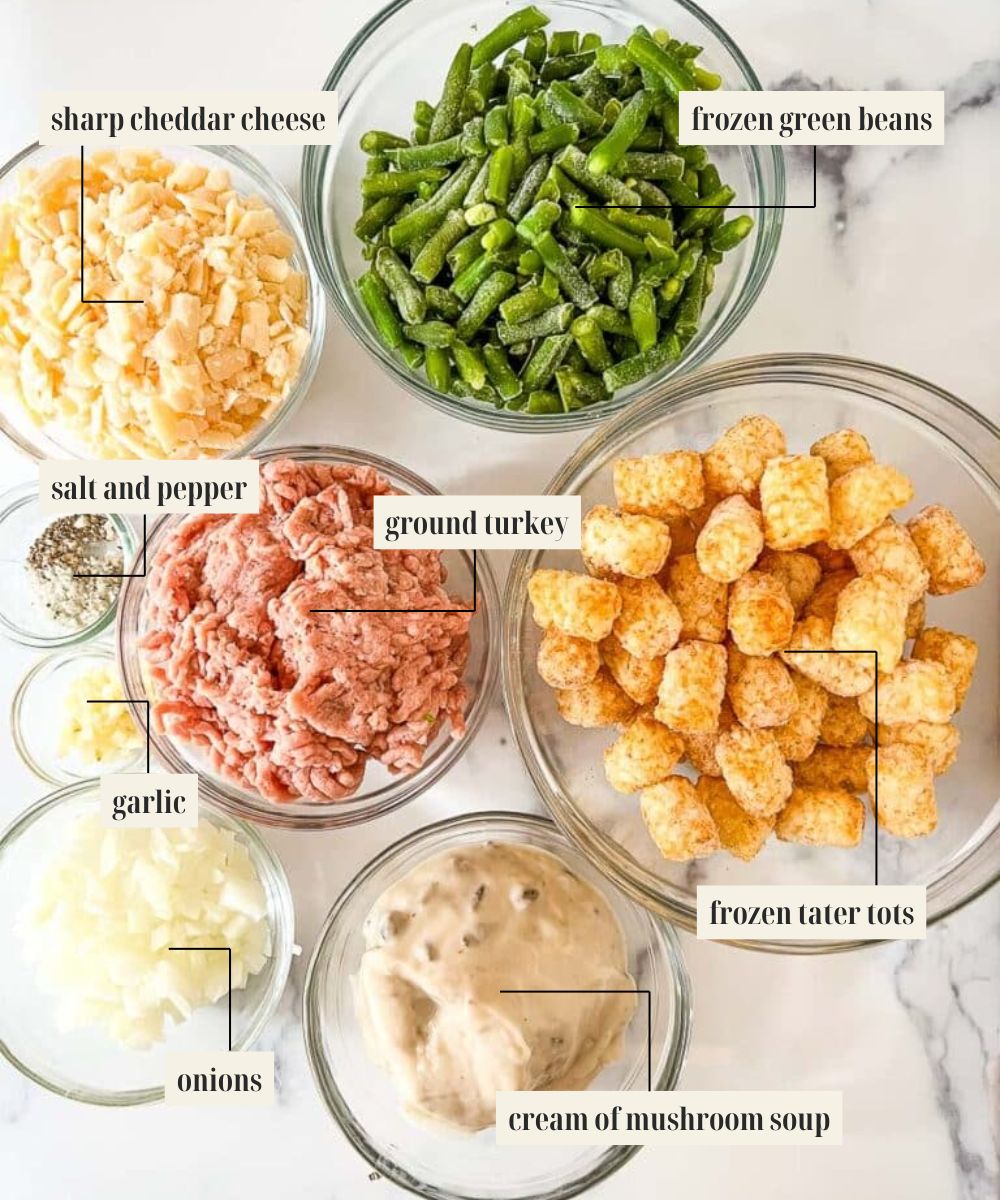 Labeled ingredient image for tater tot turkey casserole recipe.